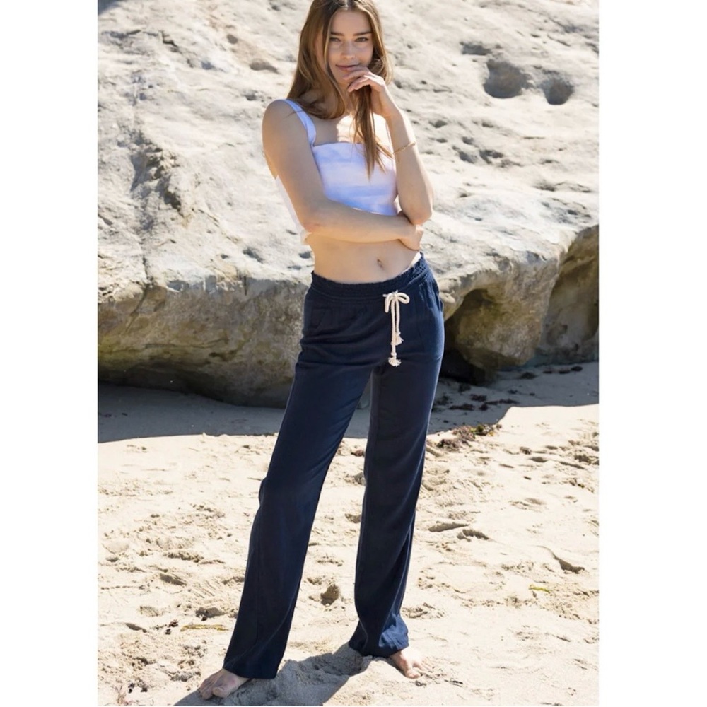 NWT Cali 1850 Linen Smocked Waist Beach Pants Size M Navy Blue Drawstring